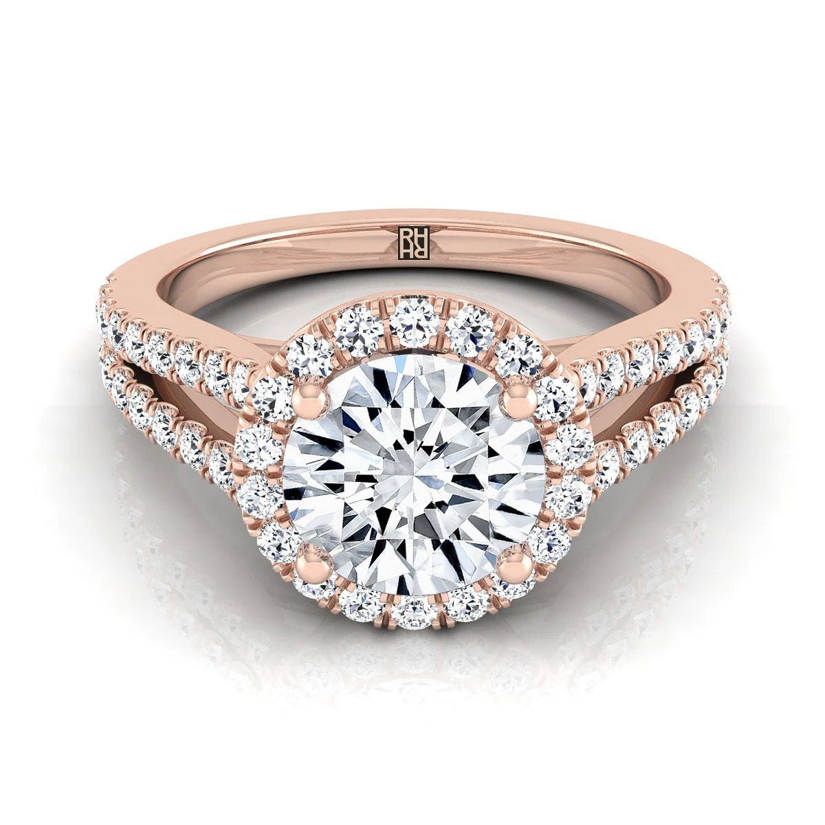 14K Rose Gold Round Brilliant Split Shank And Diamond Pave Halo Engagement Ring -1/2ctw