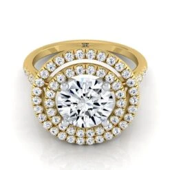 14K Yellow Gold Round Brilliant Double Halo Diamond Split Shank Pave Engagement Ring -1/2ctw