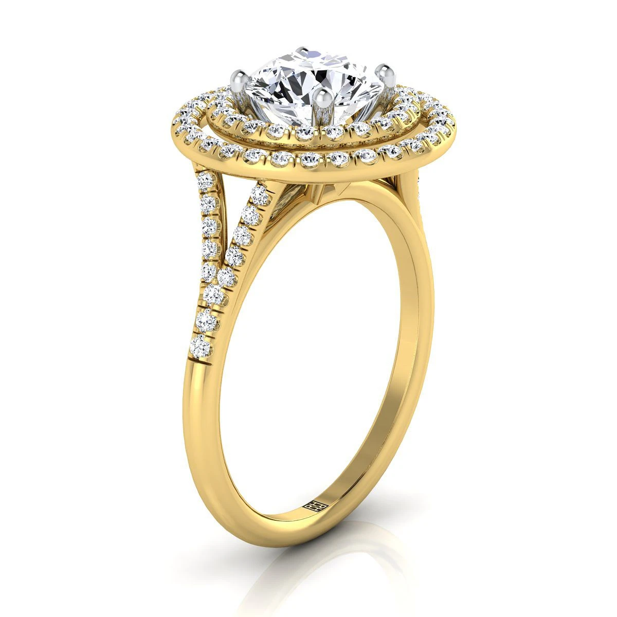 14K Yellow Gold Round Brilliant Double Halo Diamond Split Shank Pave Engagement Ring -1/2ctw - Image 2
