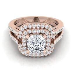 14K Rose Gold Cushion Open Double Diamond Row Split Shank And Halo Engagement Ring -5/8ctw