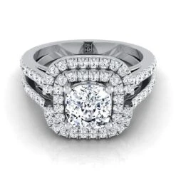 Platinum Cushion Open Double Diamond Row Split Shank And Halo Engagement Ring -5/8ctw