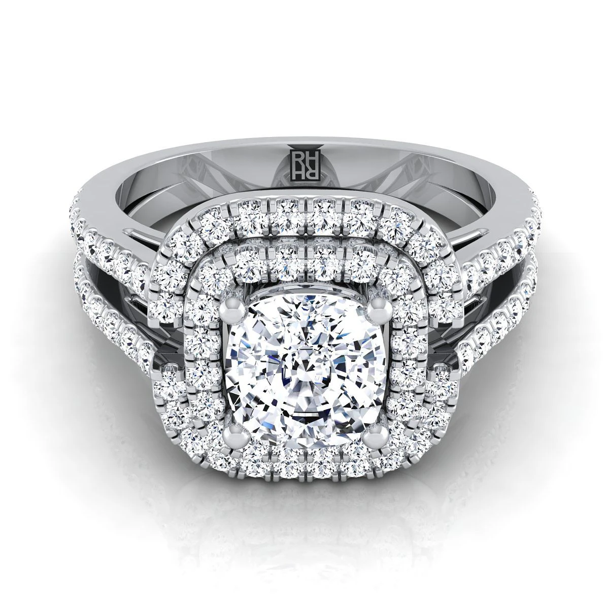 Platinum Cushion Open Double Diamond Row Split Shank And Halo Engagement Ring -5/8ctw