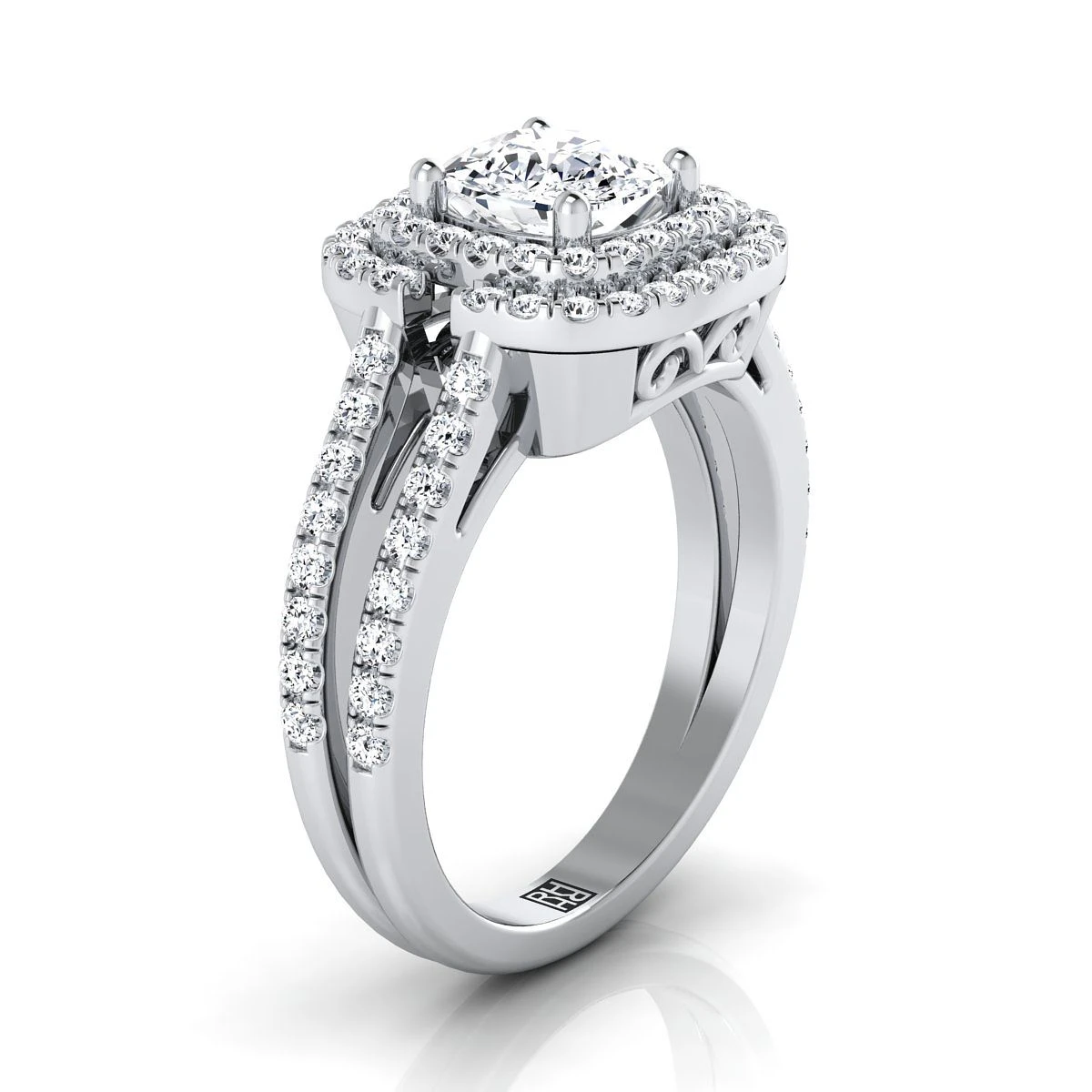 Platinum Cushion Open Double Diamond Row Split Shank And Halo Engagement Ring -5/8ctw - Image 2