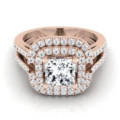 14K Rose Gold Princess Cut Open Double Diamond Row Split Shank And Halo Engagement Ring -5/8ctw