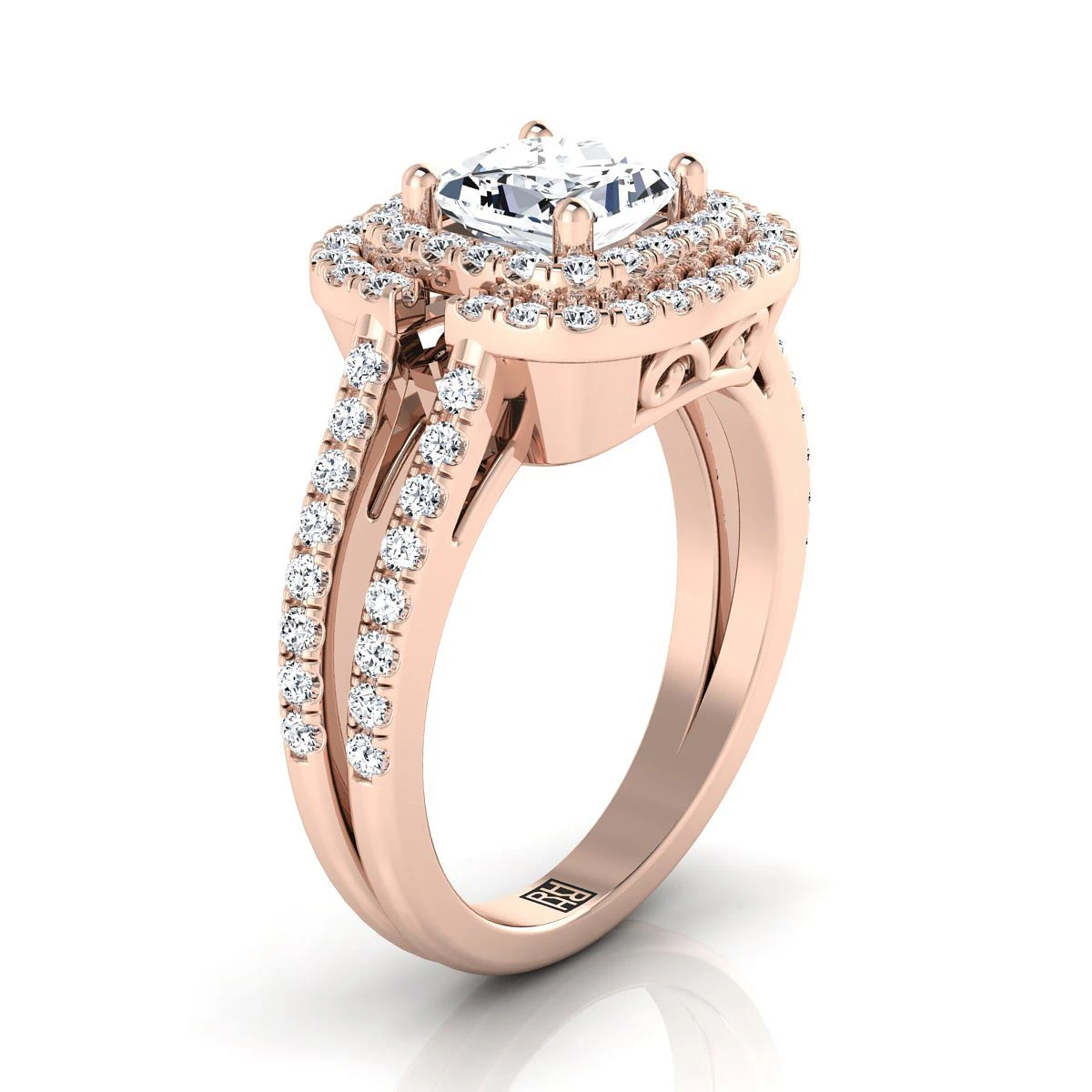 14K Rose Gold Princess Cut Open Double Diamond Row Split Shank And Halo Engagement Ring -5/8ctw - Image 2