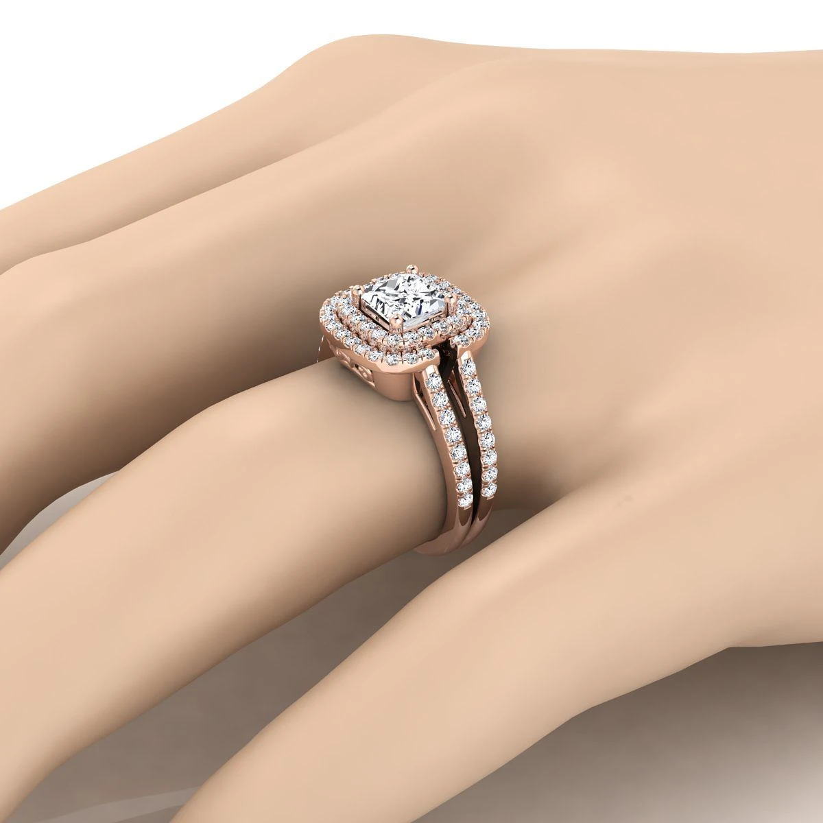 14K Rose Gold Princess Cut Open Double Diamond Row Split Shank And Halo Engagement Ring -5/8ctw - Image 3