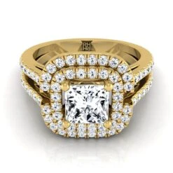 18K Yellow Gold Princess Cut Open Double Diamond Row Split Shank And Halo Engagement Ring -5/8ctw