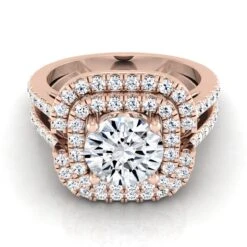 14K Rose Gold Round Brilliant Open Double Diamond Row Split Shank And Halo Engagement Ring -5/8ctw