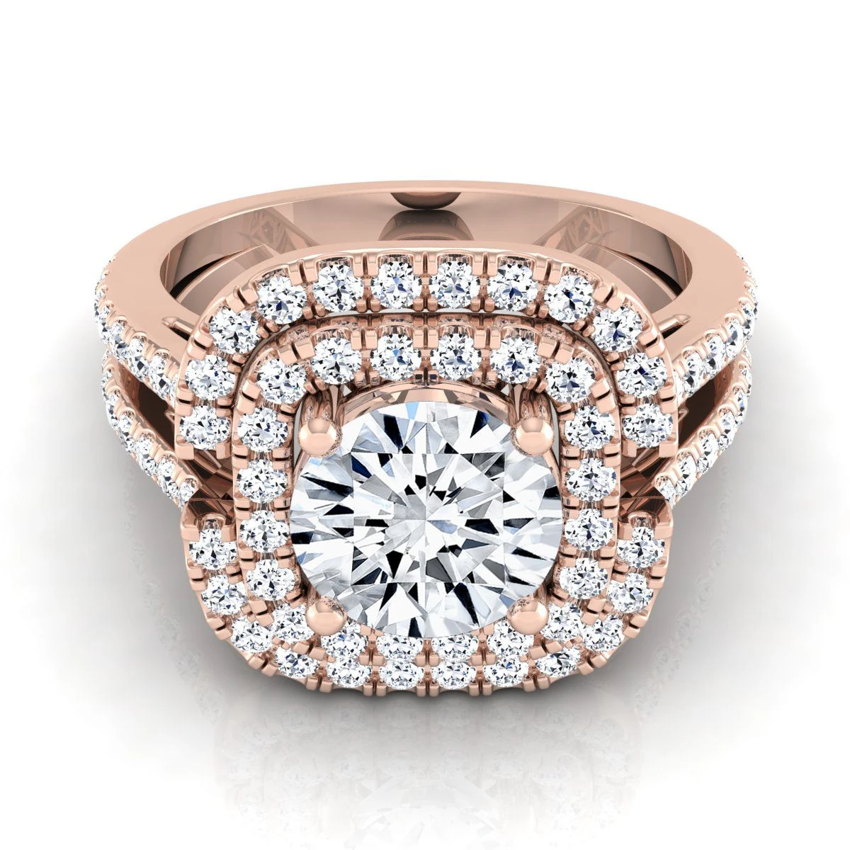 14K Rose Gold Round Brilliant Open Double Diamond Row Split Shank And Halo Engagement Ring -5/8ctw