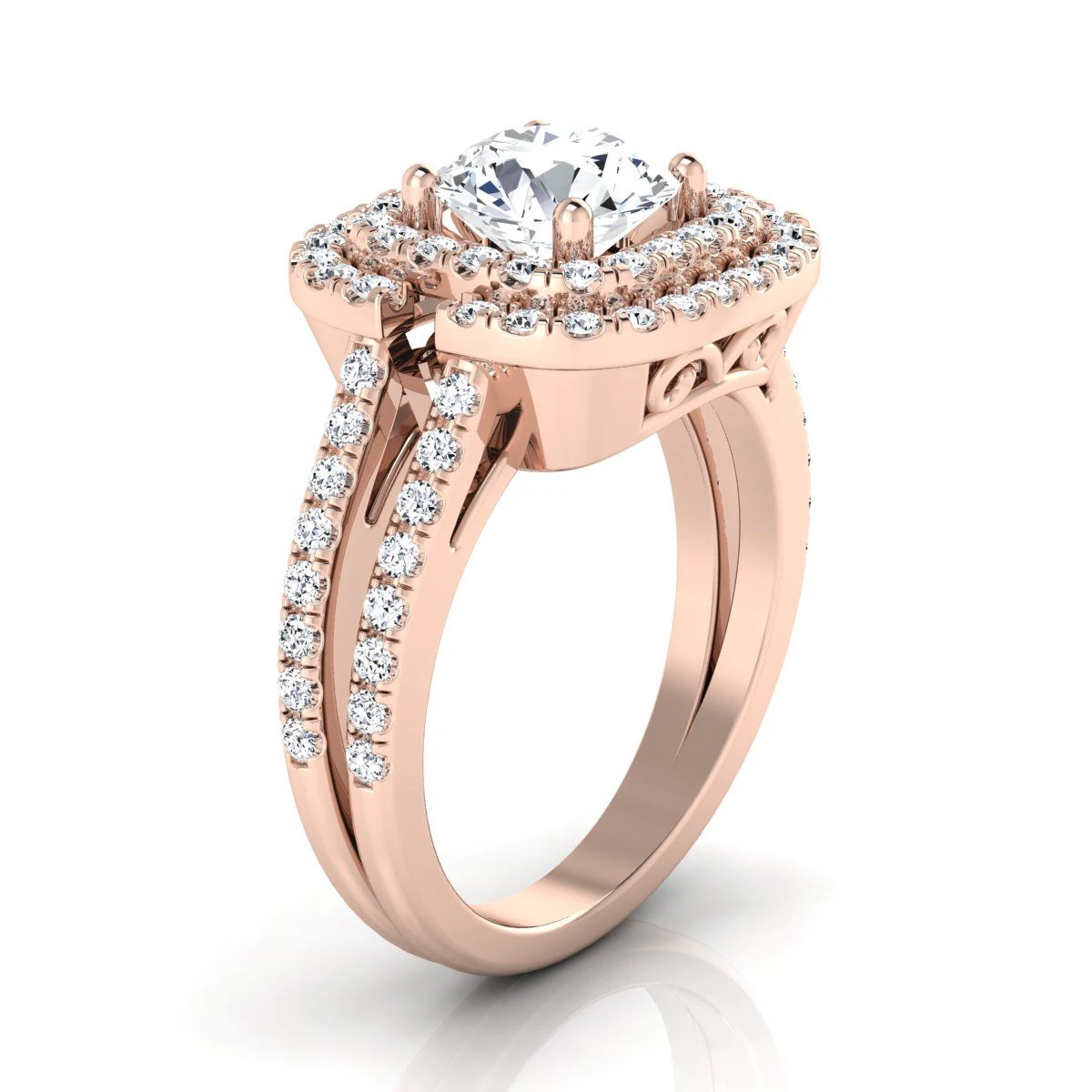 14K Rose Gold Round Brilliant Open Double Diamond Row Split Shank And Halo Engagement Ring -5/8ctw - Image 2