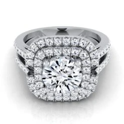 Platinum Round Brilliant Open Double Diamond Row Split Shank And Halo Engagement Ring -5/8ctw