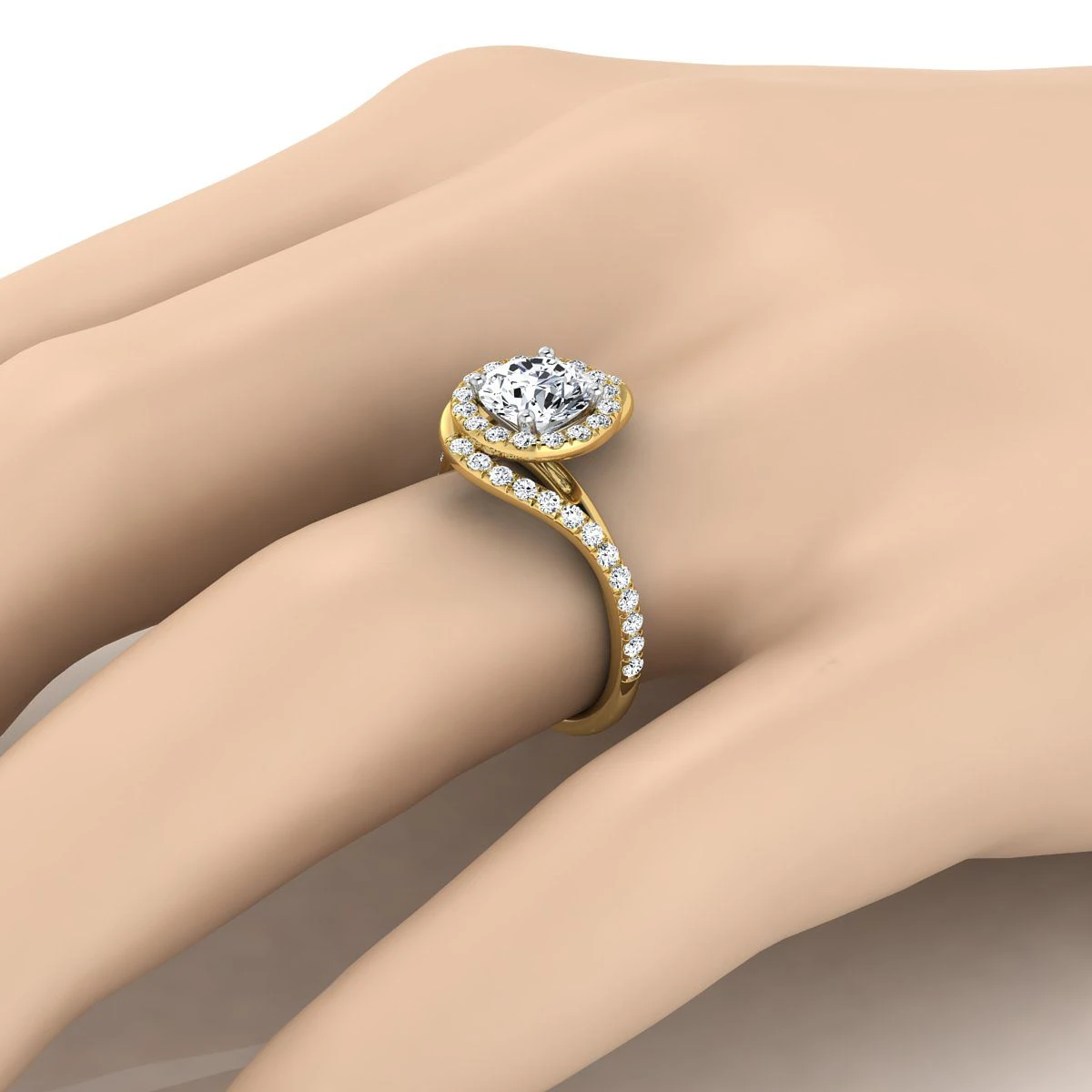 14K Yellow Gold Round Brilliant Diamond French Pave Swirl Twist Halo Engagement Ring -1/2ctw - Image 3