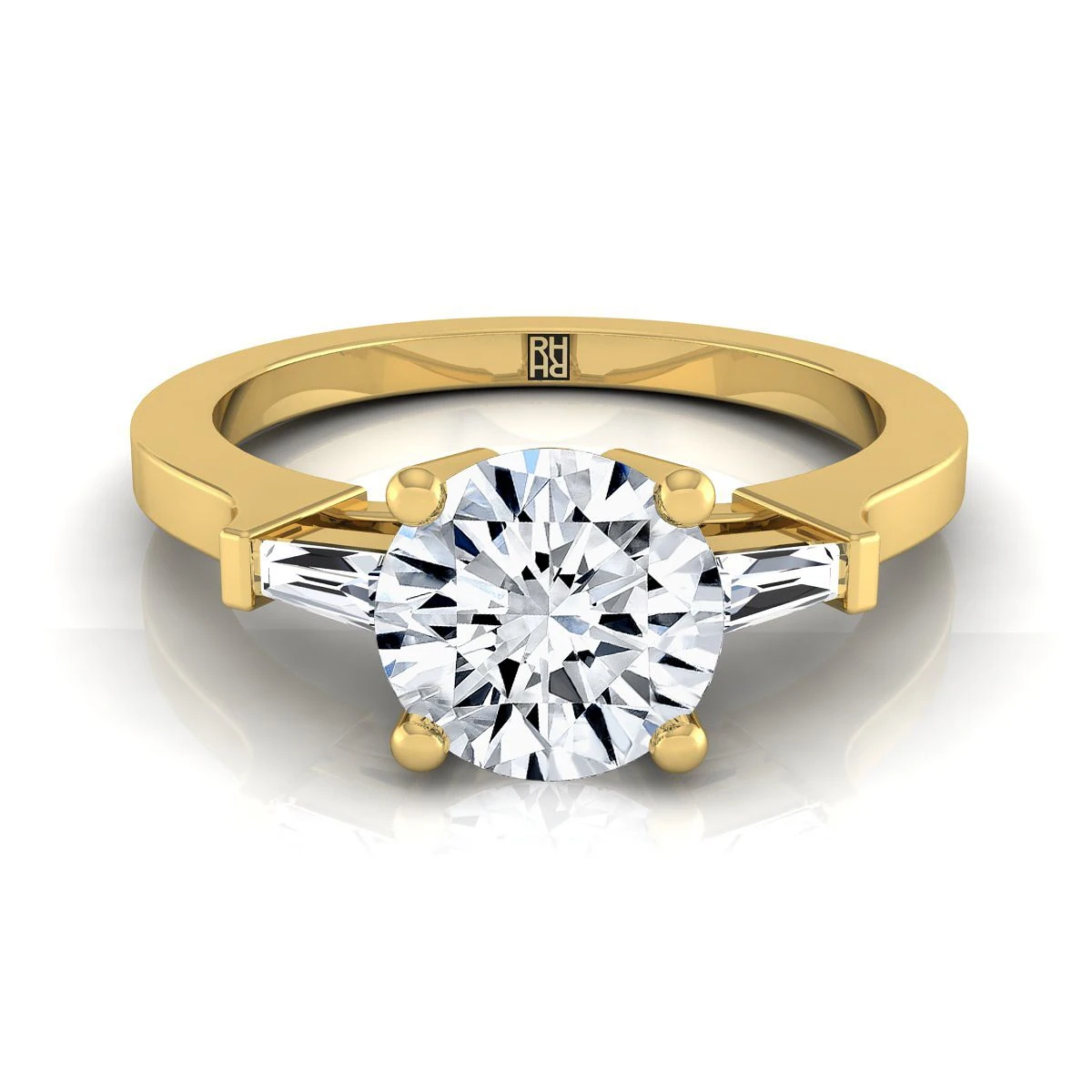 18K Yellow Gold Round Brilliant Diamond Tapered Baguette Accent Engagement Ring -1/4ctw