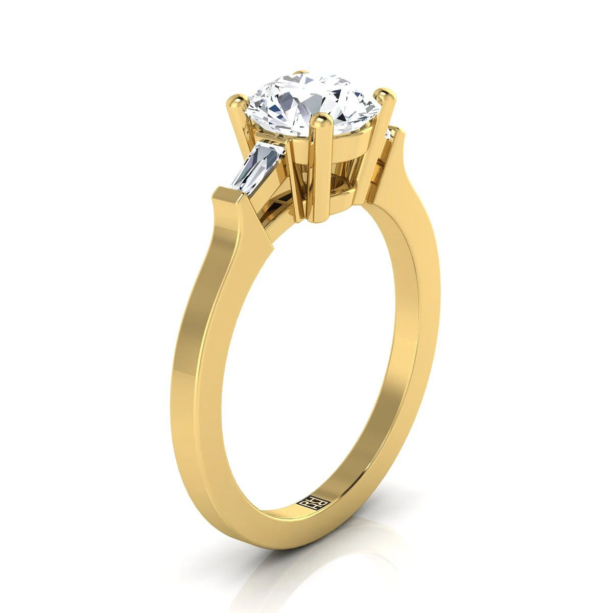 18K Yellow Gold Round Brilliant Diamond Tapered Baguette Accent Engagement Ring -1/4ctw - Image 2