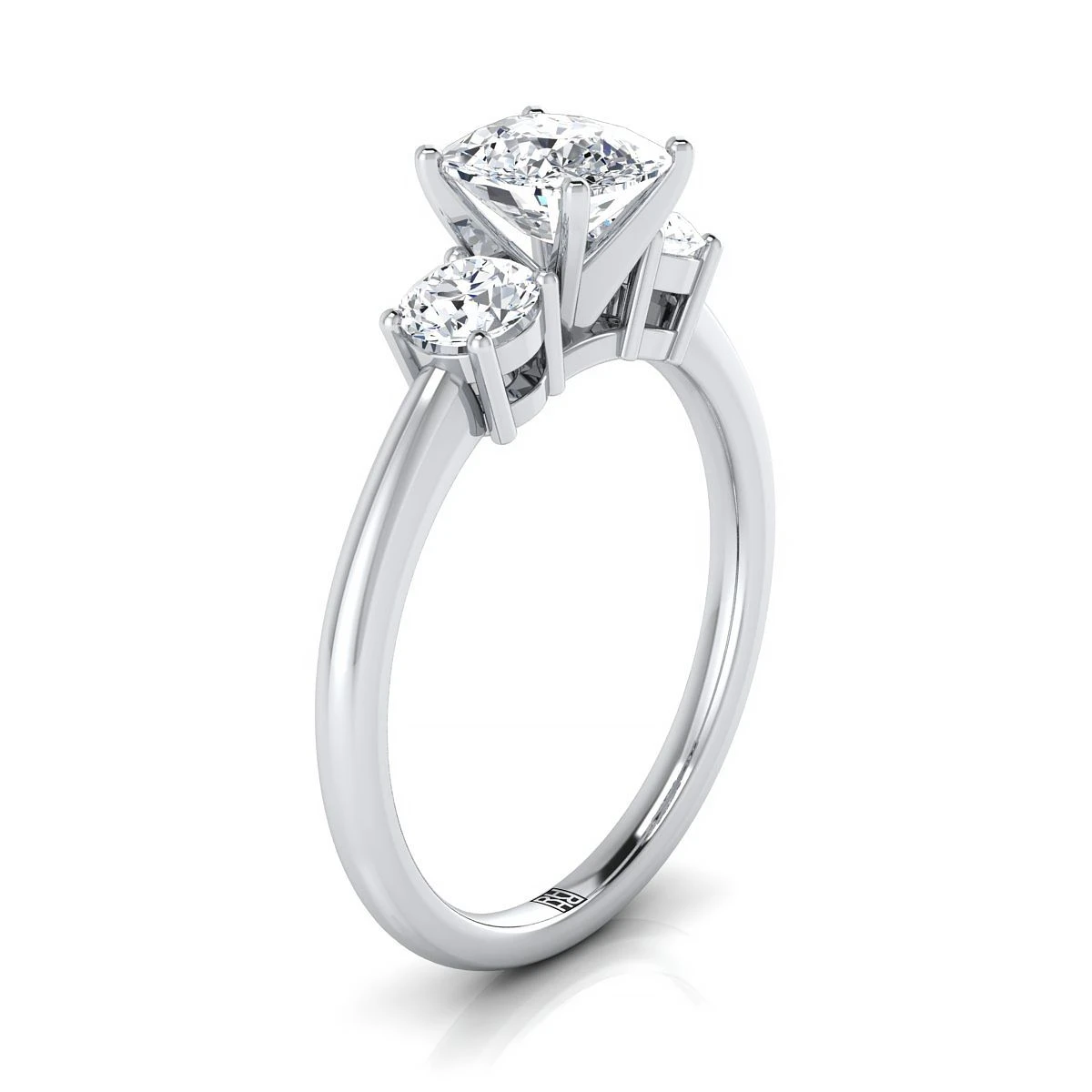 Platinum Cushion Diamond Perfectly Matched Round Three Stone Diamond Engagement Ring -1/4ctw - Image 2