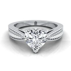 Platinum Heart Shape Center Vintage Inspired Leaf Pattern Pinched Solitaire Engagement Ring