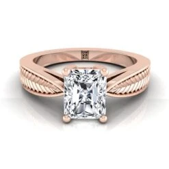 14K Rose Gold Radiant Cut Center Vintage Inspired Leaf Pattern Pinched Solitaire Engagement Ring