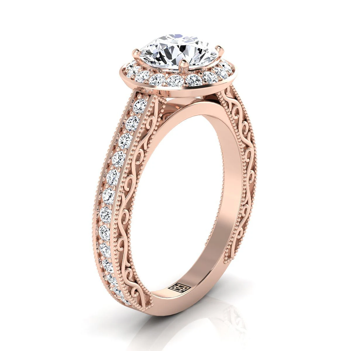 14K Rose Gold Round Brilliant Hand-Engraved Delicate Diamond Milgrain Engagement Ring -1/2ctw - Image 2
