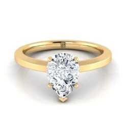 18K Yellow Gold Pear Shape CenterBeveled Edge Comfort Style Bright Finish Solitaire Engagement Ring