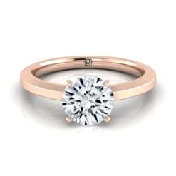 14K Rose Gold Round BrilliantBeveled Edge Comfort Style Bright Finish Solitaire Engagement Ring