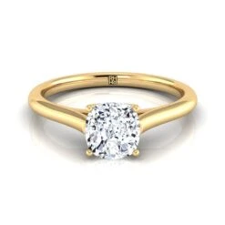 18K Yellow Gold CushionCathedral Style Comfort Fit Solitaire Engagement Ring