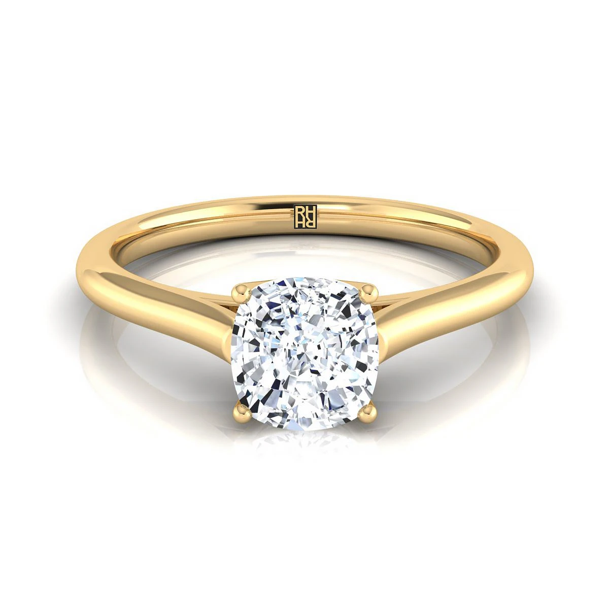 18K Yellow Gold CushionCathedral Style Comfort Fit Solitaire Engagement Ring