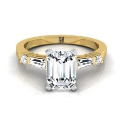 14K Yellow GoldDiamond Simple Baguette And Round Solitaire Engagement Ring -1/4ctw