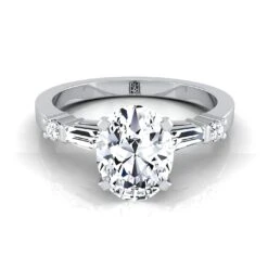 Platinum Oval Diamond Simple Baguette And Round Solitaire Engagement Ring -1/4ctw