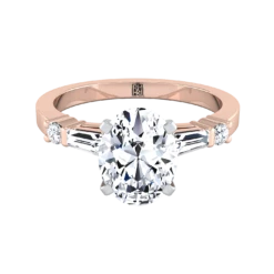 14K Rose Gold Oval Diamond Simple Baguette And Round Solitaire Engagement Ring -1/4ctw