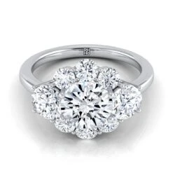 Platinum Round Brilliant Modern Three Stone Blossom Diamond Engagement Ring -1-3/4ctw