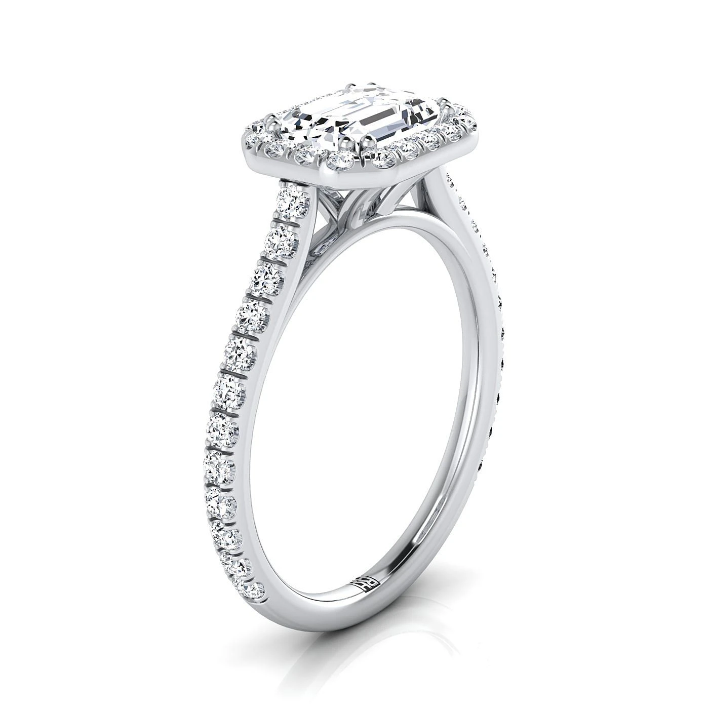 Platinum Emerald Cut Diamond Horizontal Fancy East West Halo Engagement Ring -1/2ctw - Image 2