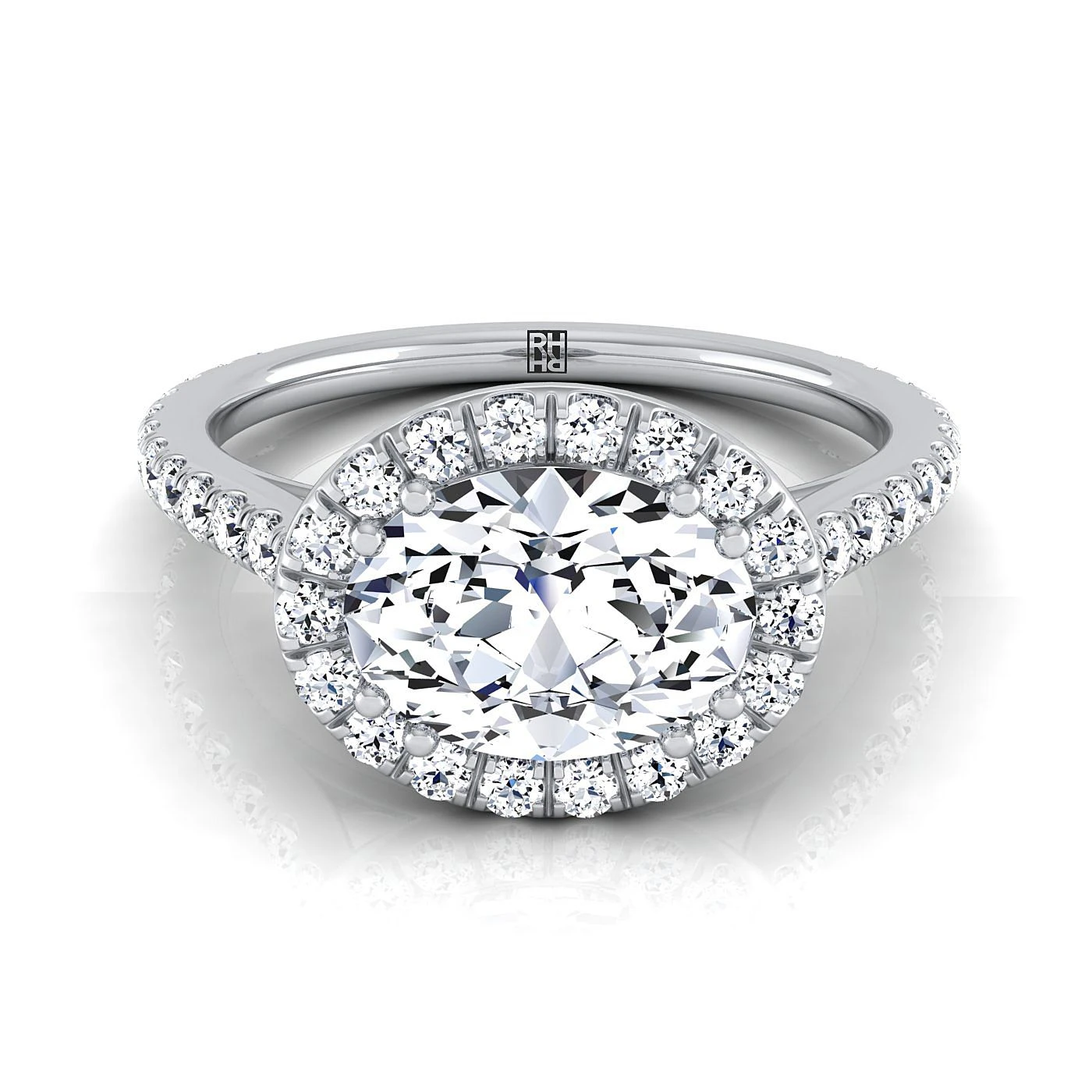 Platinum Oval Diamond Horizontal Fancy East West Halo Engagement Ring -1/2ctw