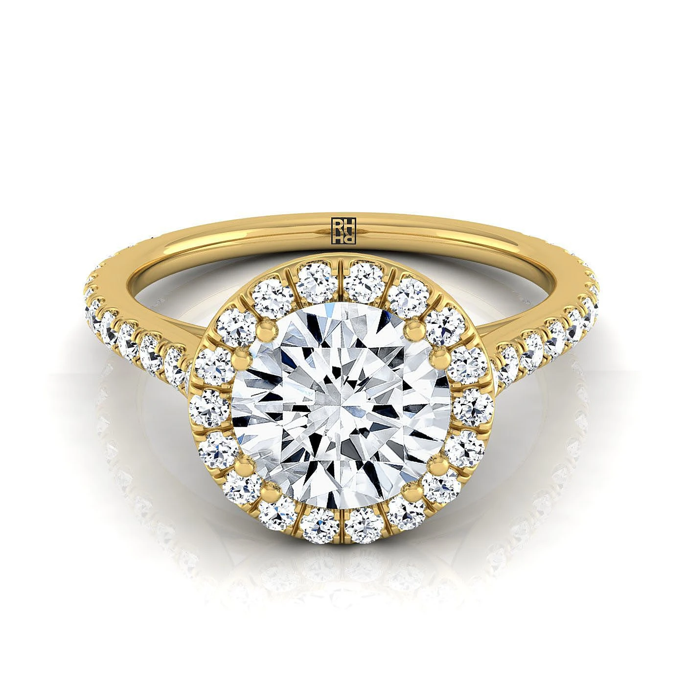 18K Yellow Gold Round Brilliant Diamond Horizontal Fancy East West Halo Engagement Ring -1/2ctw
