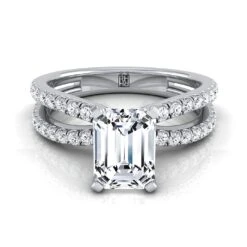 Platinum Emerald Cut Diamond Two Row Pavé Split Shank Engagement Ring -1/3ctw