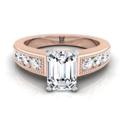 14K Rose Gold Emerald Cut Diamond Antique Milgrain Bead And Channel Set Engagement Ring -1/2ctw