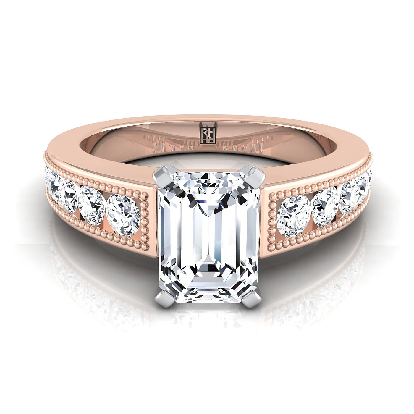 14K Rose Gold Emerald Cut Diamond Antique Milgrain Bead And Channel Set Engagement Ring -1/2ctw