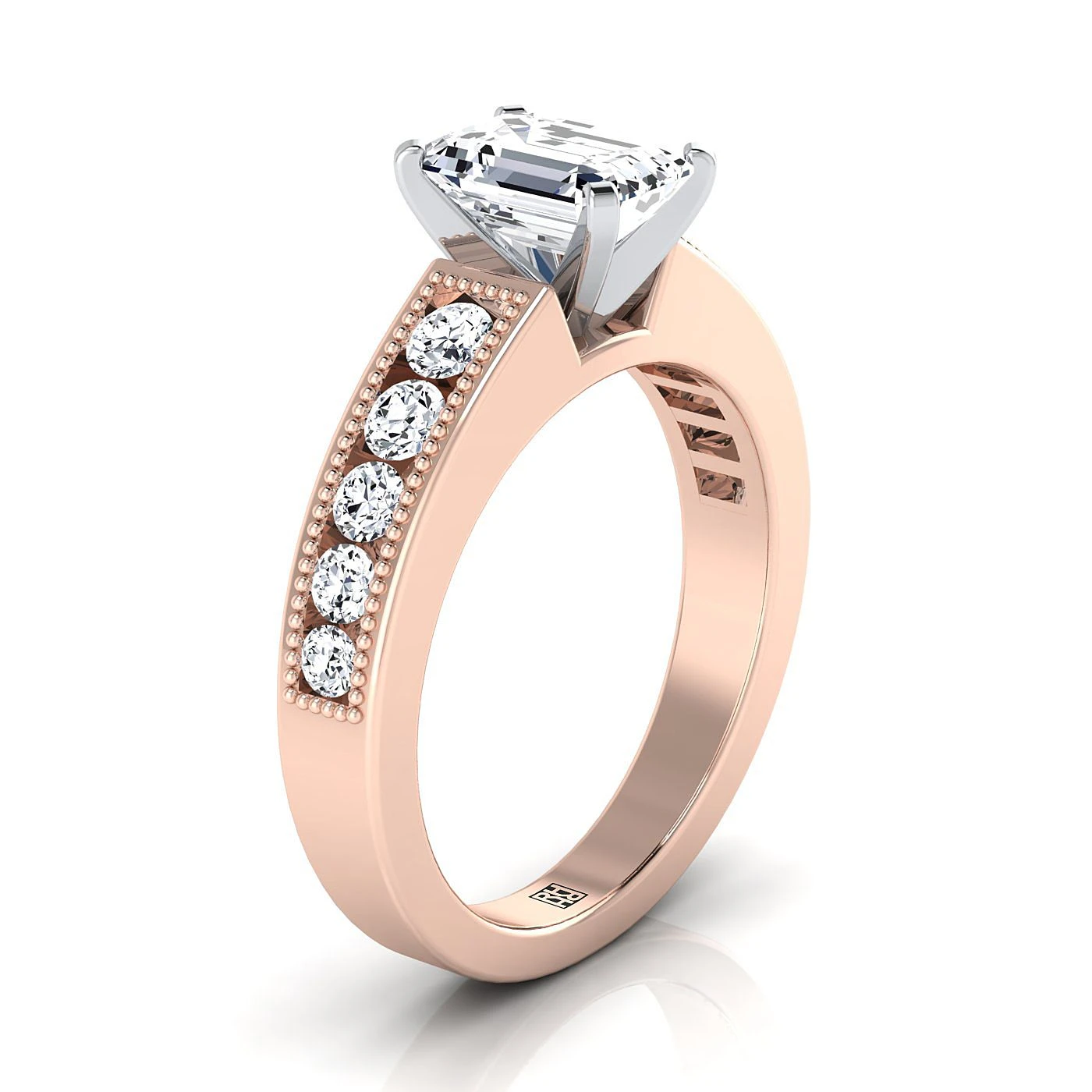 14K Rose Gold Emerald Cut Diamond Antique Milgrain Bead And Channel Set Engagement Ring -1/2ctw - Image 2
