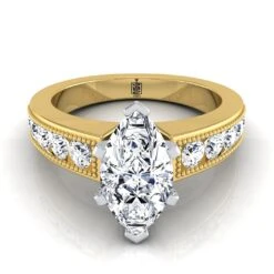 14K Yellow Gold MarquiseDiamond Antique Milgrain Bead And Channel Set Engagement Ring -1/2ctw