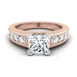 14K Rose Gold Princess Cut Diamond Antique Milgrain Bead And Channel Set Engagement Ring -1/2ctw
