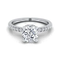 Platinum Cushion Diamond Secret Diamond Halo French Pave Solitaire Engagement Ring -1/3ctw
