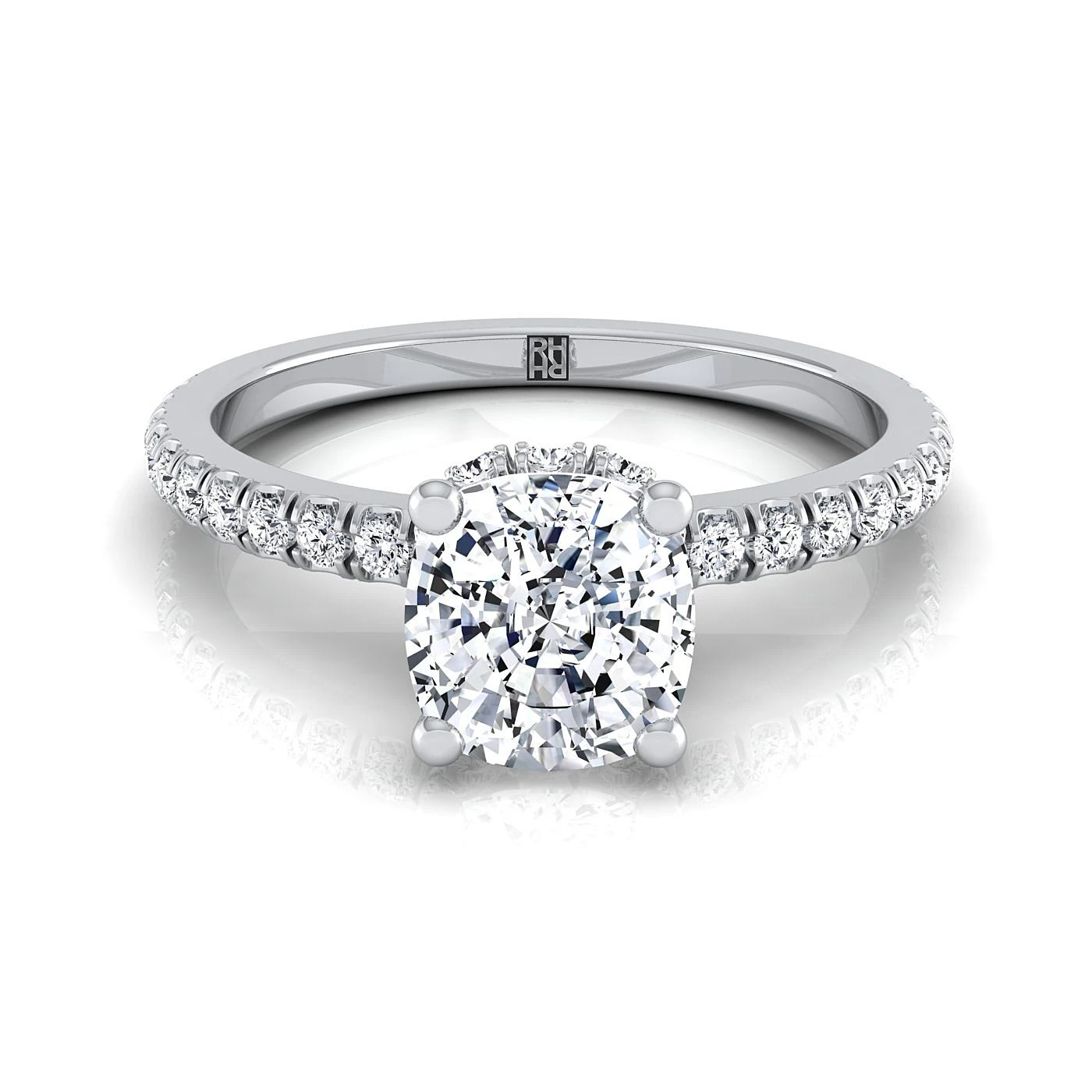 Platinum Cushion Diamond Secret Diamond Halo French Pave Solitaire Engagement Ring -1/3ctw