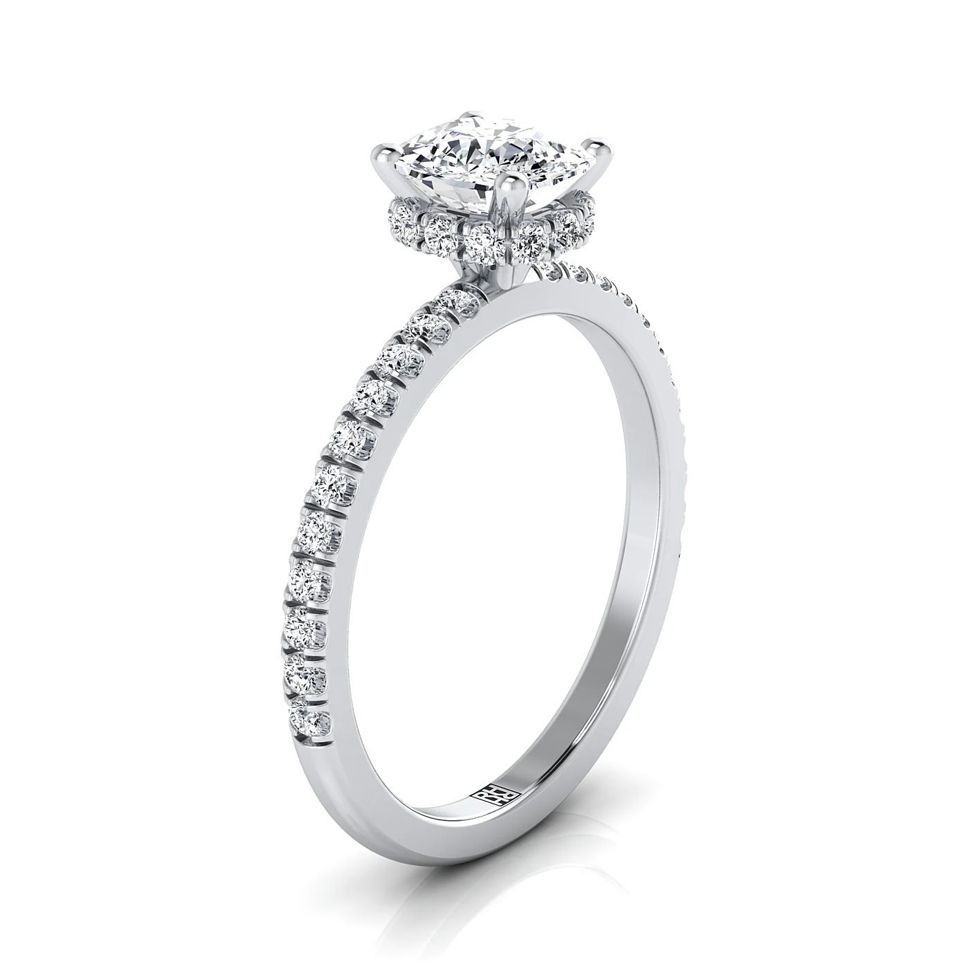 Platinum Cushion Diamond Secret Diamond Halo French Pave Solitaire Engagement Ring -1/3ctw - Image 2