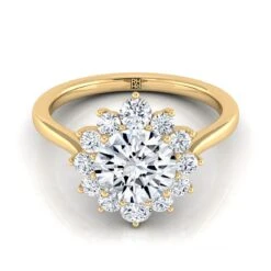14K Yellow Gold Round Brilliant Diamond Floral Halo Engagement Ring -1/2ctw