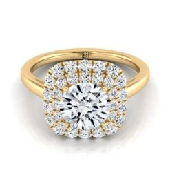 14K Yellow Gold Round Brilliant Diamond Stair Step Double Halo Engagement Ring -5/8ctw