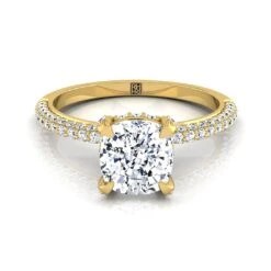 14K Yellow Gold Cushion Diamond Encrusted Claws And Triple Pave Engagement Ring -1/2ctw