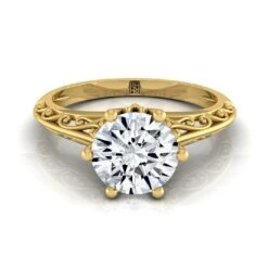 14K Yellow Gold Round BrilliantDelicate Vintage Scroll Cut Out Solitaire Engagement Ring