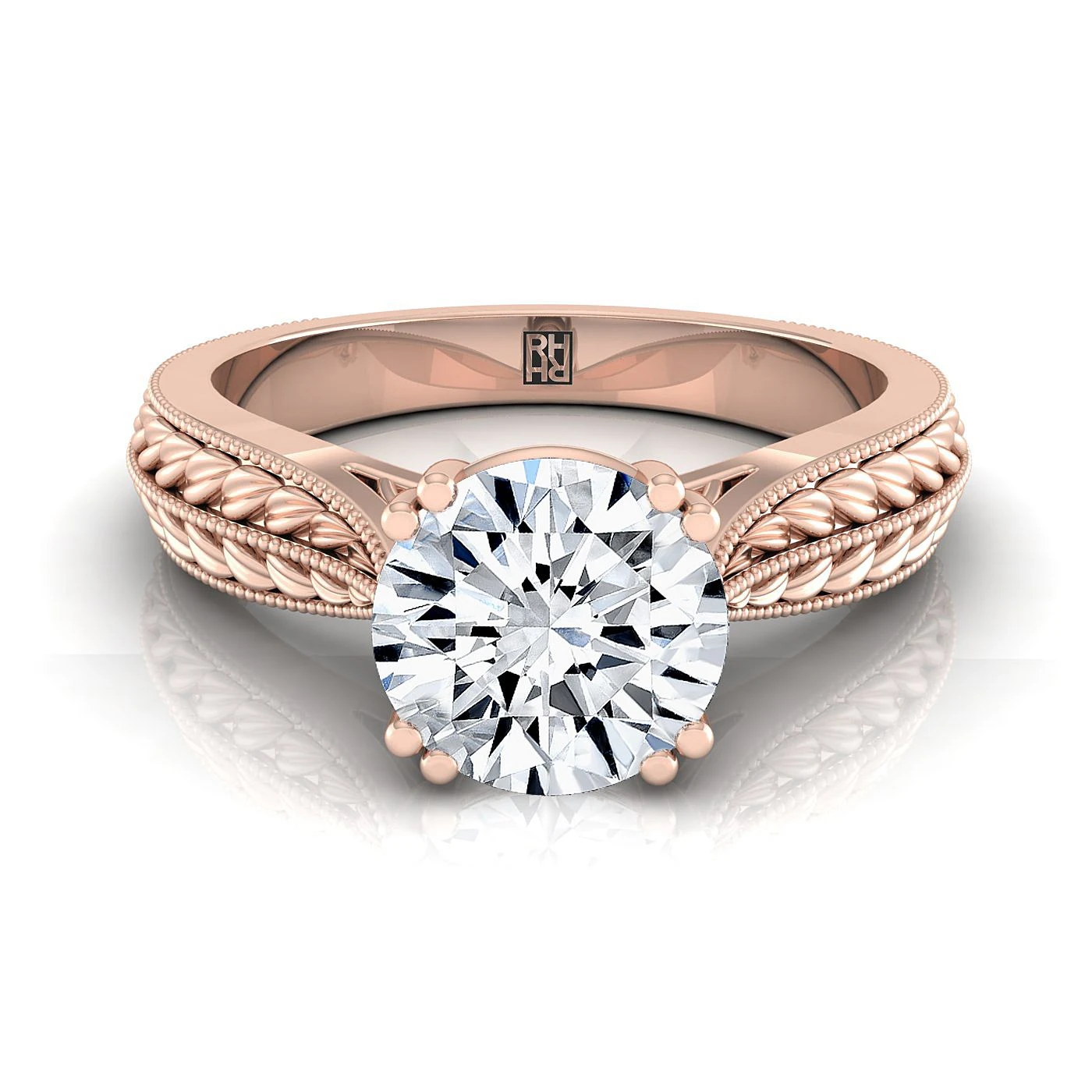 14K Rose Gold Round Brilliant Antique Wheat And Bead Pinched Solitaire Engagement RIng