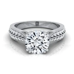 Platinum Round Brilliant Antique Wheat And Bead Pinched Solitaire Engagement RIng