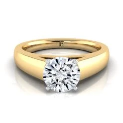 18K Yellow Gold Round BrilliantHigh Polished Signet Style Tapered Solitaire Engagement Ring