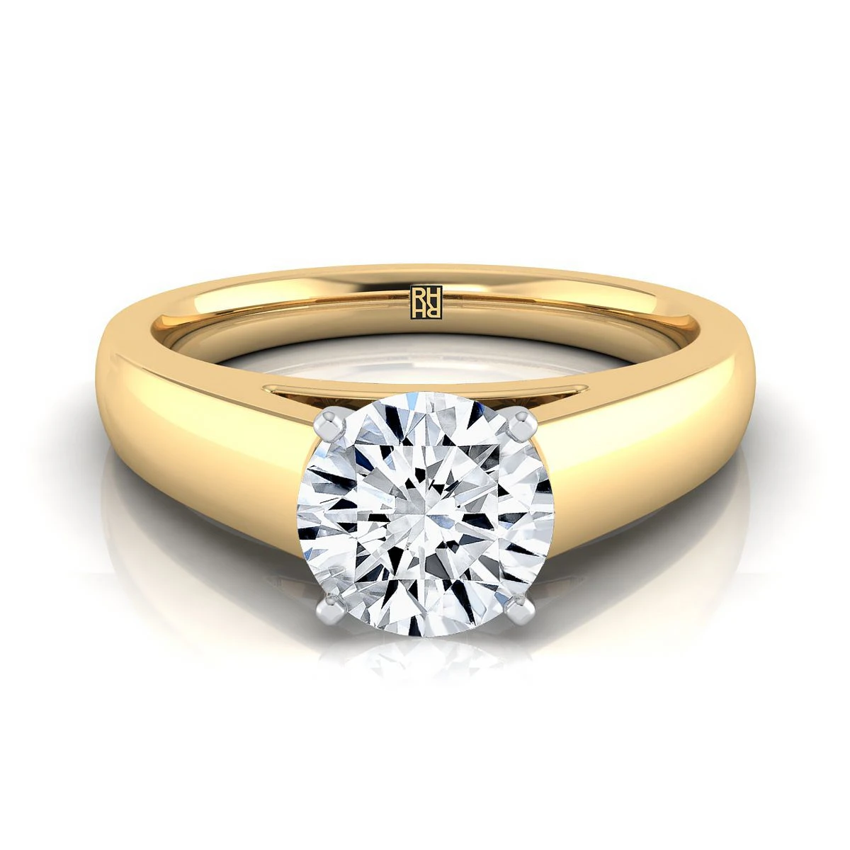 18K Yellow Gold Round BrilliantHigh Polished Signet Style Tapered Solitaire Engagement Ring